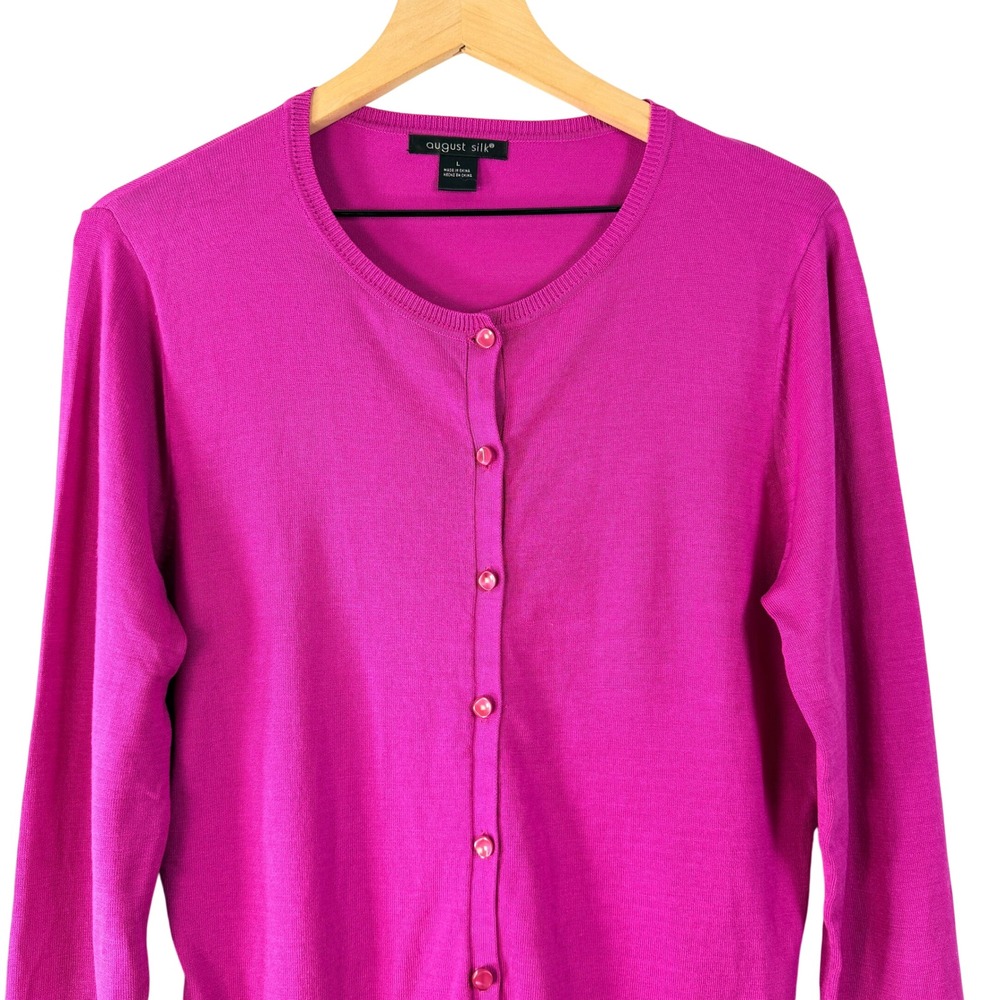 August Silk Womens Fuchsia Pink Crew Neck Long Sleeve Button Front Cardigan L - Picture 2 of 11
